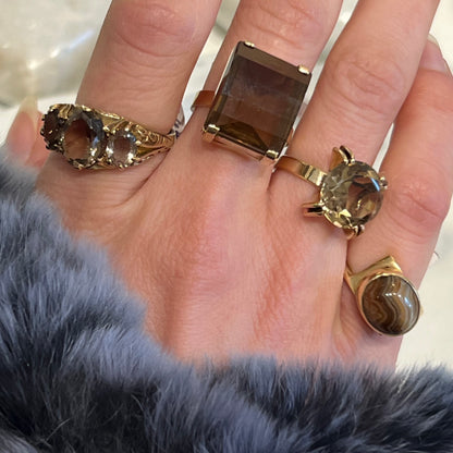 Vintage Three Smoky Topaz + 9ct. Yellow Gold Ring - Sz. 8.5