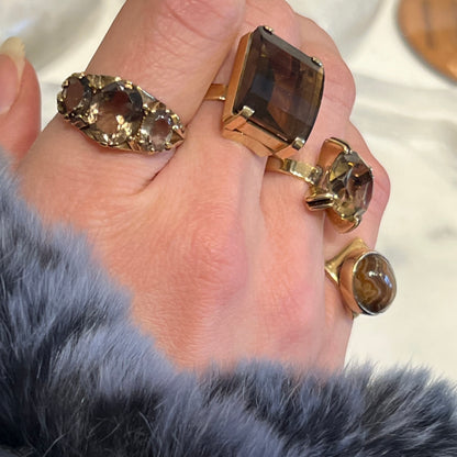 Vintage Three Smoky Topaz + 9ct. Yellow Gold Ring - Sz. 8.5
