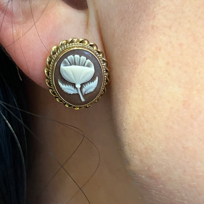 Vintage Shell + 9ct Yellow Gold Floral Cameo Earrings