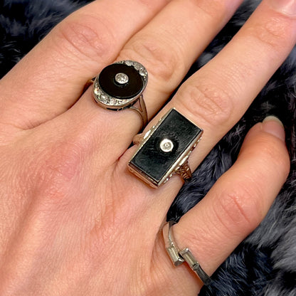 Antique Art Deco Rectangular Onyx + Diamond + 14k White Gold Ring - Sz. 4.75