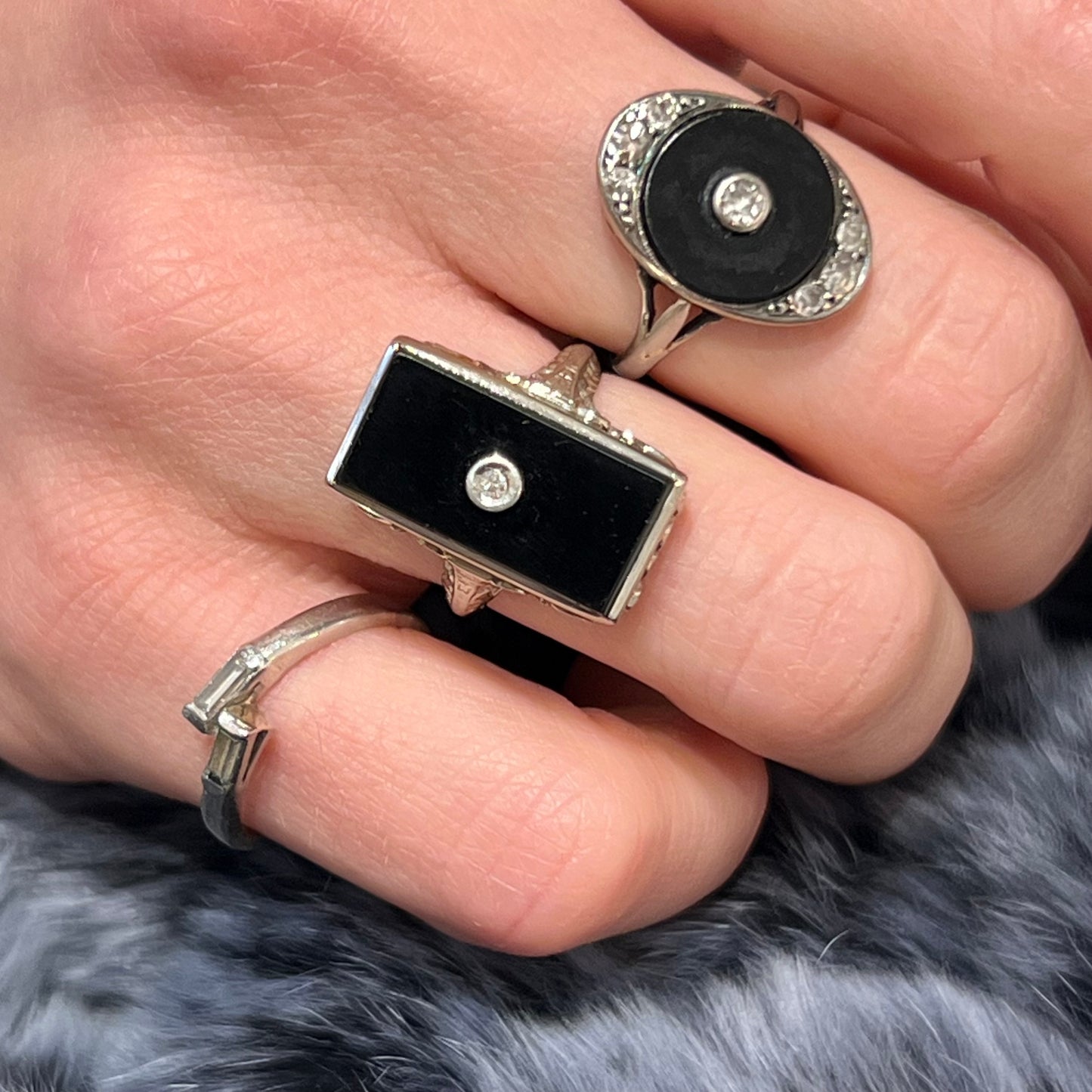 Antique Art Deco Onyx + Diamond Ring - 18ct White Gold - Sz 6.25