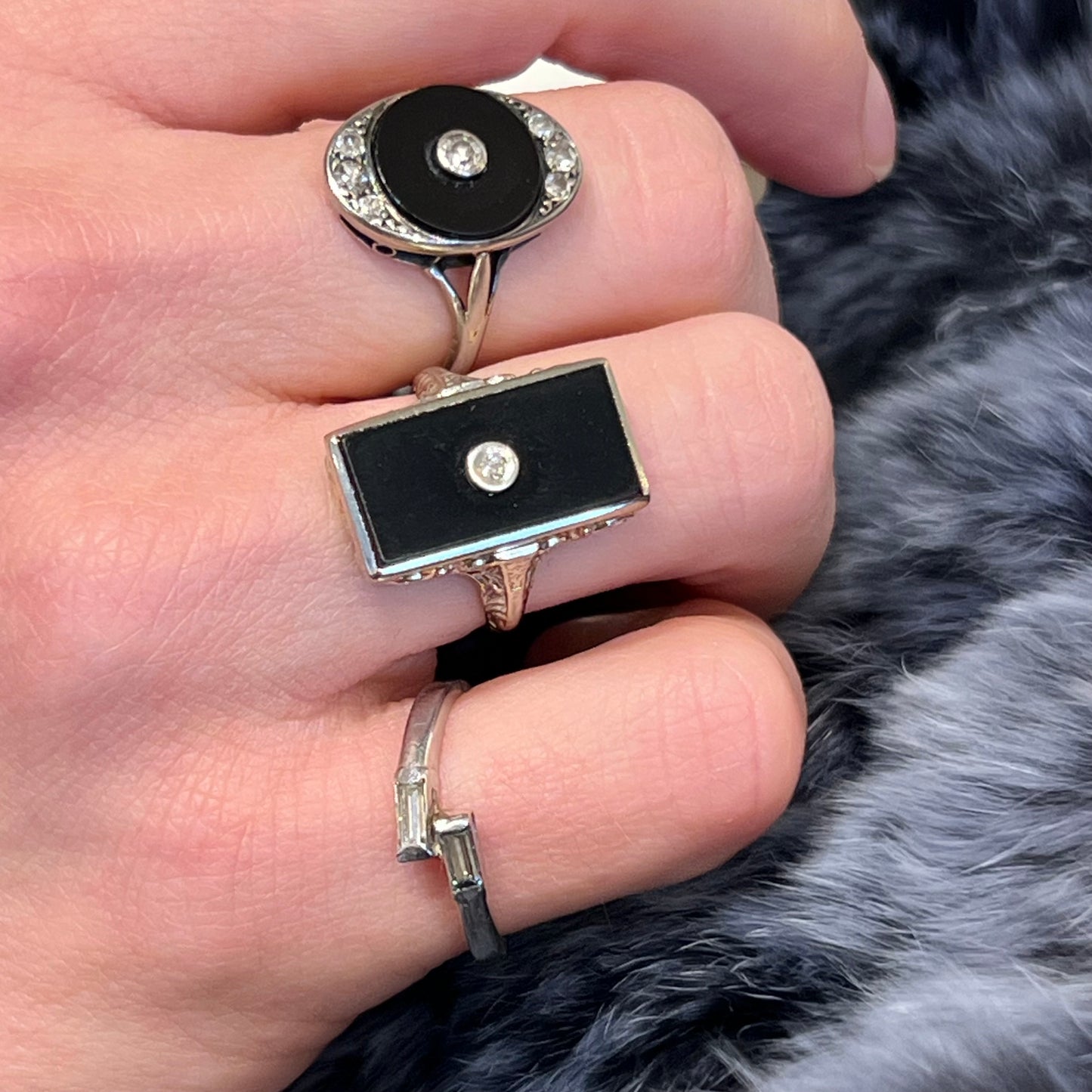 Antique Art Deco Onyx + Diamond Ring - 18ct White Gold - Sz 6.25