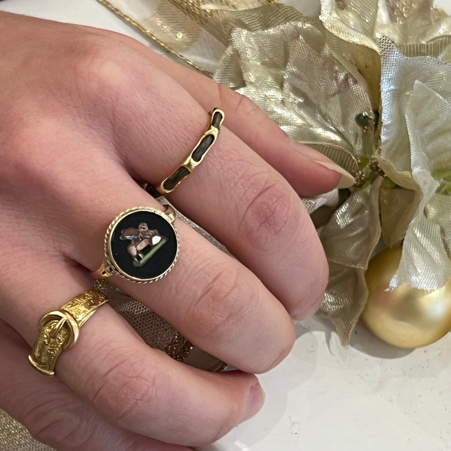Antique Victorian Pietra Dura Lion Signet Ring - 9ct Yellow Gold - Sz 7.75
