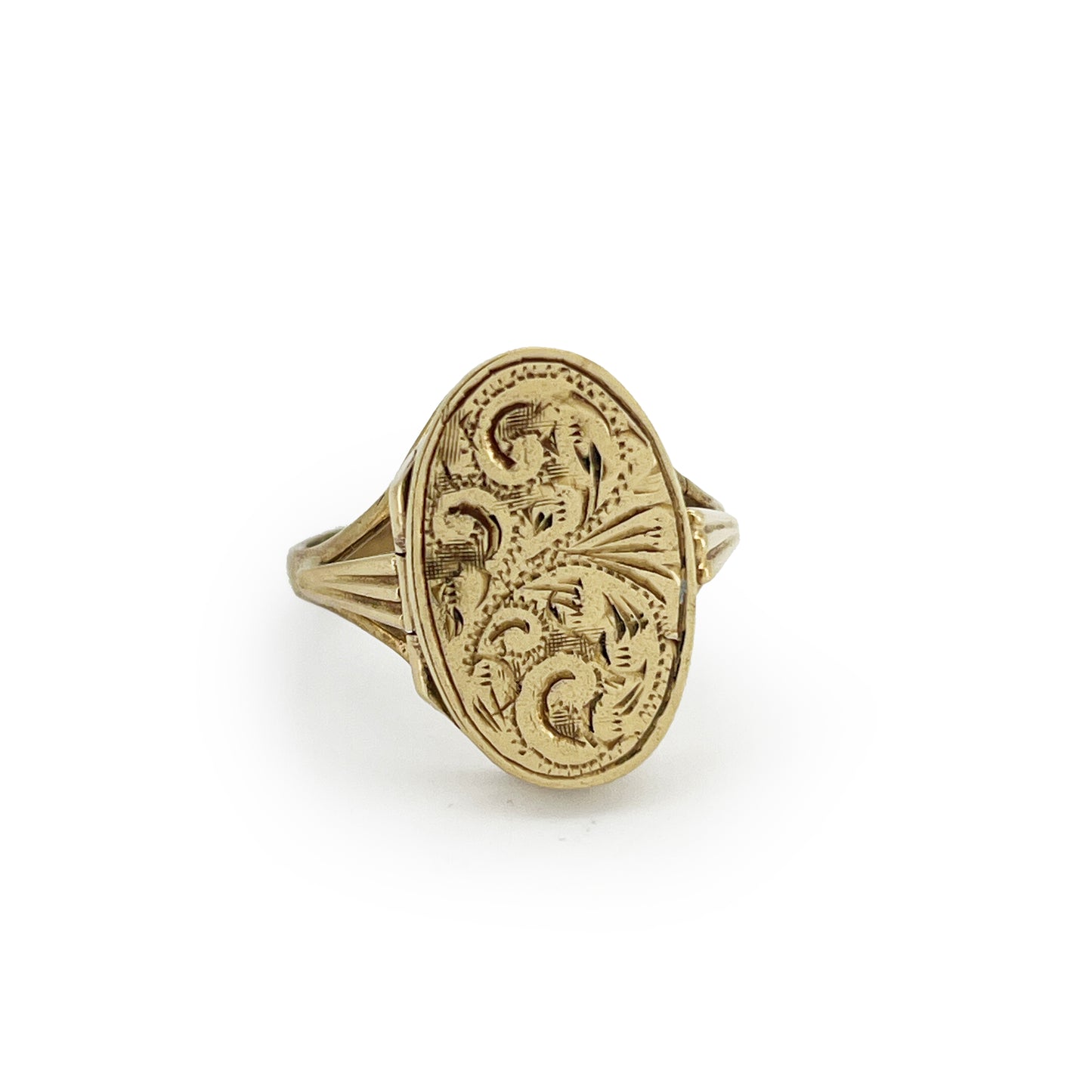 Vintage 9ct Yellow Gold Engraved Locket Ring - Sz. 8.75