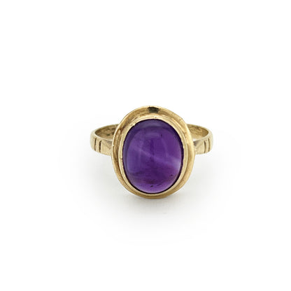 Vintage Amethyst + 9ct Yellow Gold Cabochon Ring - Sz. 4.75