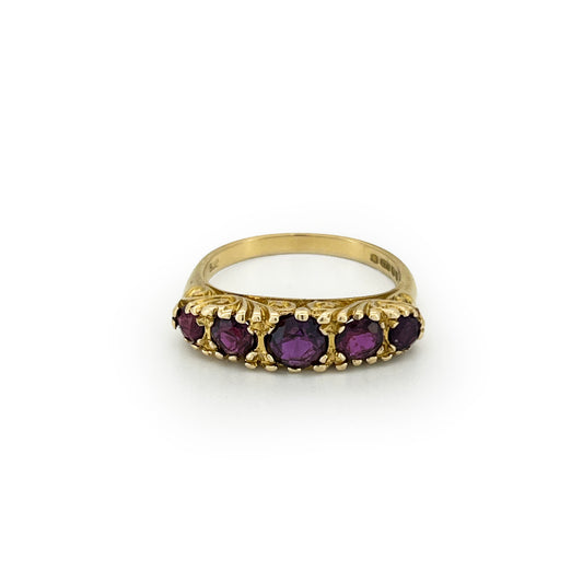 Vintage Garnet + 9ct Yellow Gold Five Stone Ring - Sz. 5.5