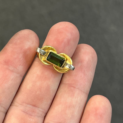 Vintage Art Deco Green Tourmaline + 18ct Yellow Gold Tank Ring - Sz. 6.25