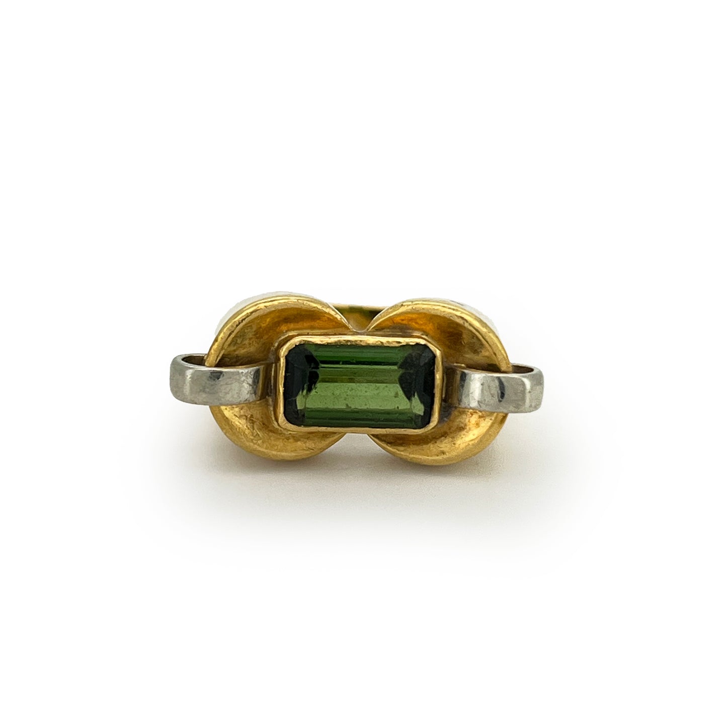 Vintage Art Deco Green Tourmaline + 18ct Yellow Gold Tank Ring - Sz. 6.25