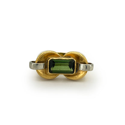 Vintage Art Deco Green Tourmaline + 18ct Yellow Gold Tank Ring - Sz. 6.25