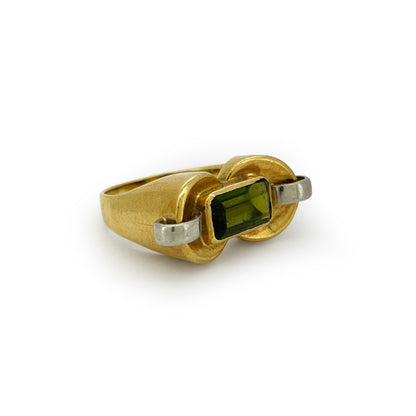 Vintage Art Deco Green Tourmaline + 18ct Yellow Gold Tank Ring - Sz. 6.25