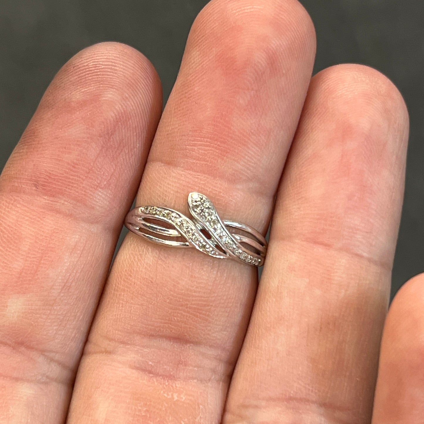 Vintage Diamond + 9ct White Gold Snake Ring - Sz. 8