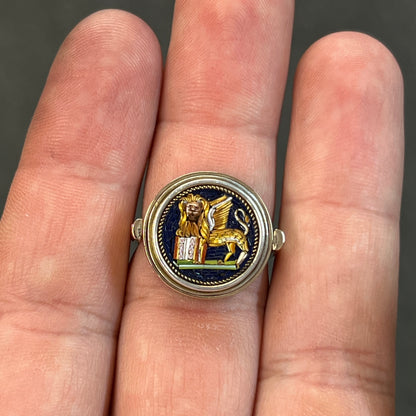 Antique Venetian Micro Mosaic + Black Onyx + 10ct Yellow Gold Flipper Signet Ring - Sz. 9