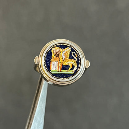 Antique Venetian Micro Mosaic + Black Onyx + 10ct Yellow Gold Flipper Signet Ring - Sz. 9
