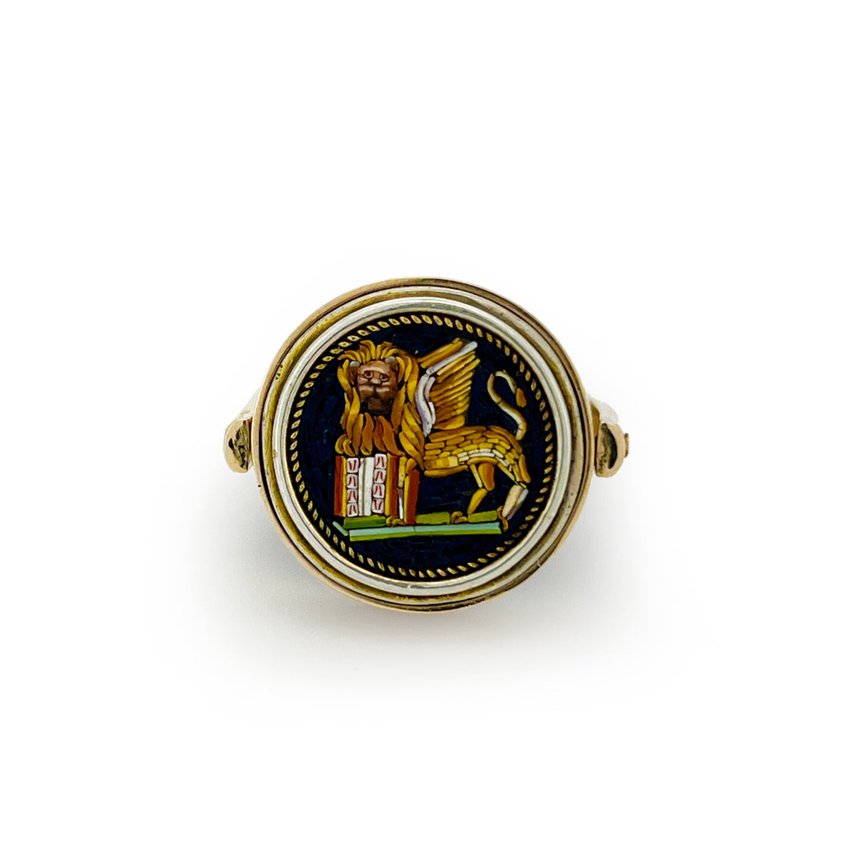 Antique Venetian Micro Mosaic + Black Onyx + 10ct Yellow Gold Flipper Signet Ring - Sz. 9