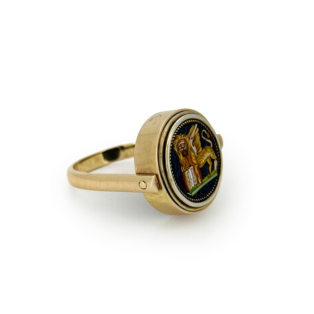 Antique Venetian Micro Mosaic + Black Onyx + 10ct Yellow Gold Flipper Signet Ring - Sz. 9
