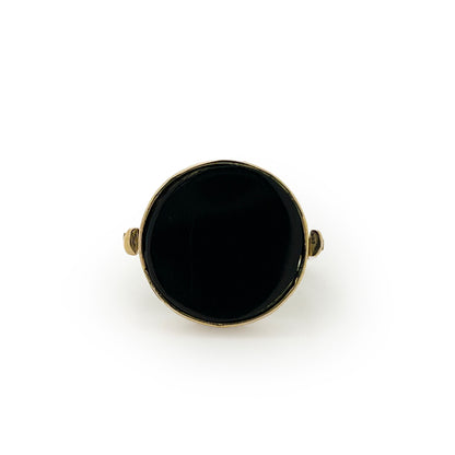 Antique Venetian Micro Mosaic + Black Onyx + 10ct Yellow Gold Flipper Signet Ring - Sz. 9