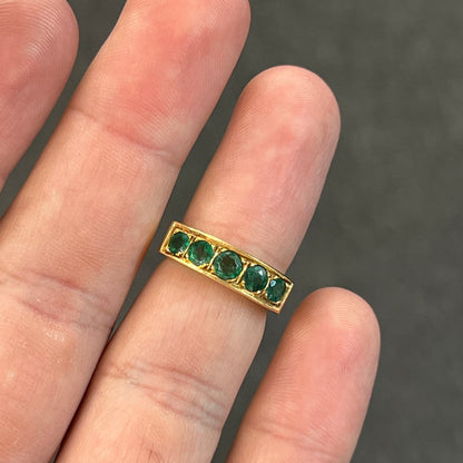 Vintage Emerald + 18ct Yellow Gold Five Stone Ring - Sz. 6