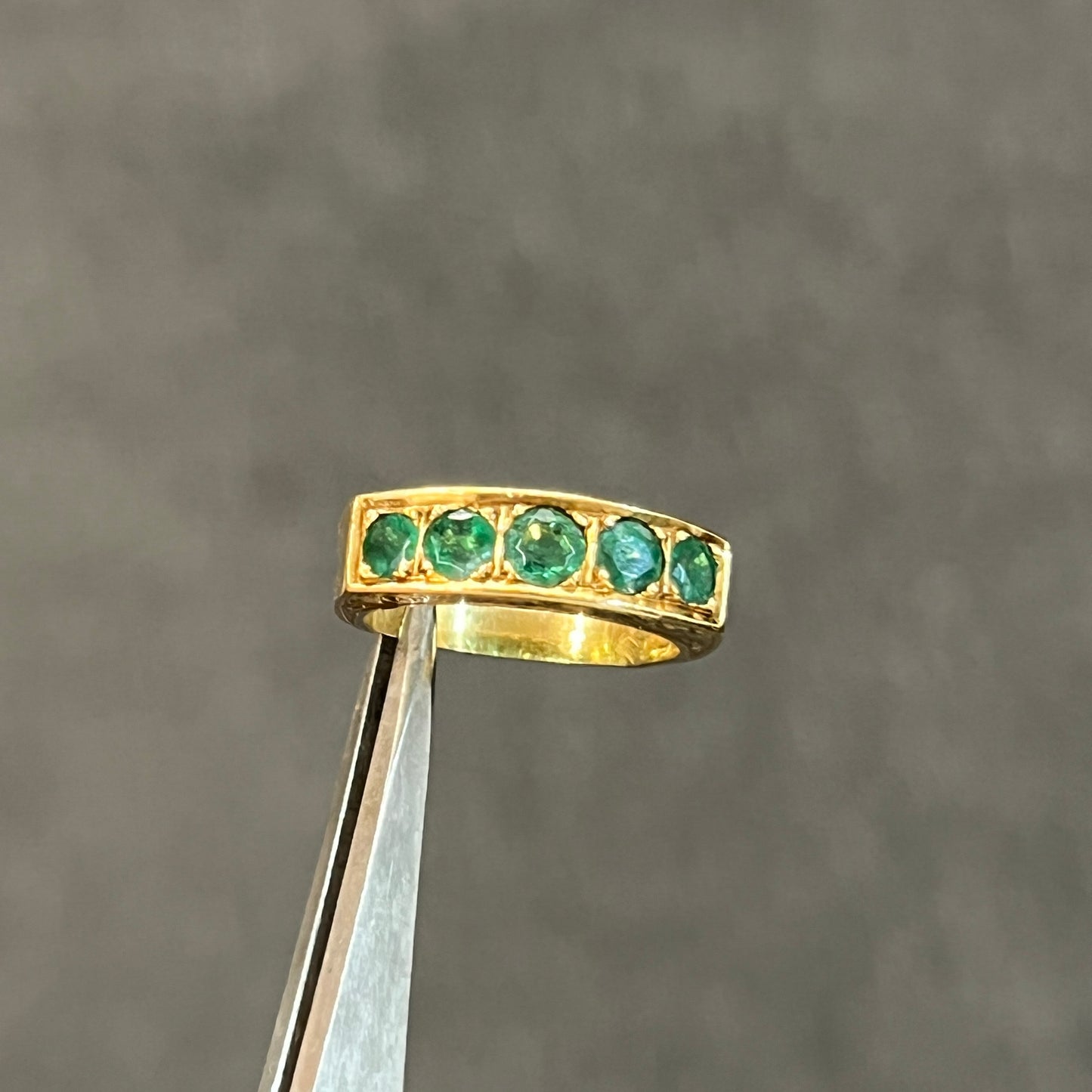 Vintage Emerald + 18ct Yellow Gold Five Stone Ring - Sz. 6