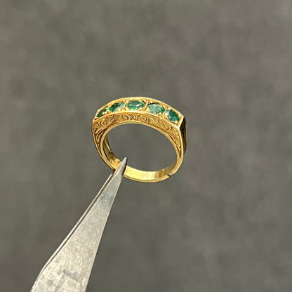 Vintage Emerald + 18ct Yellow Gold Five Stone Ring - Sz. 6