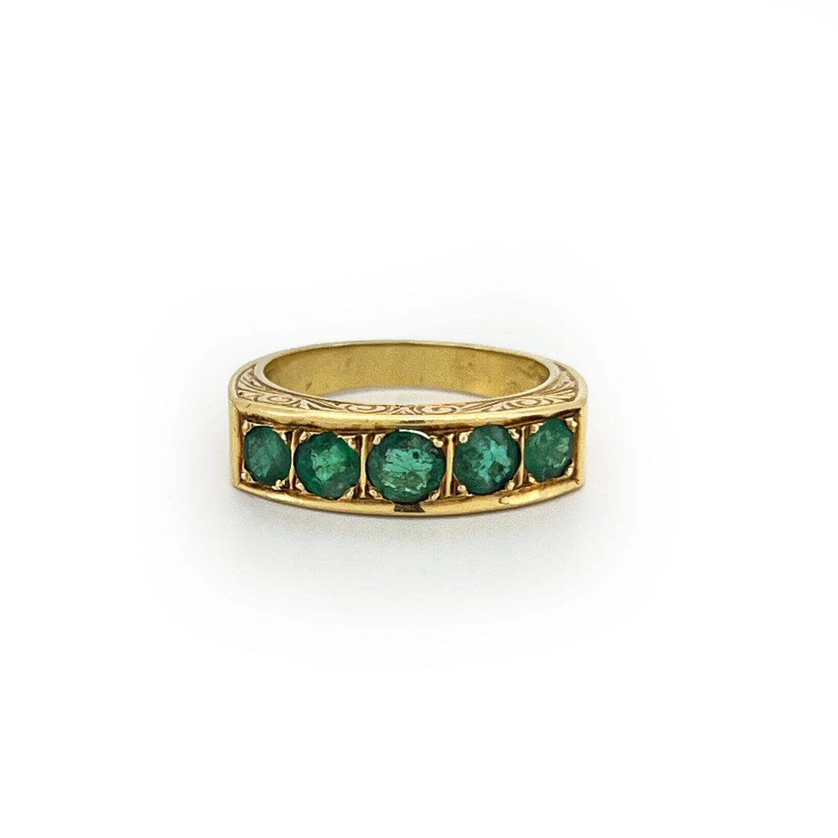Vintage Emerald + 18ct Yellow Gold Five Stone Ring - Sz. 6