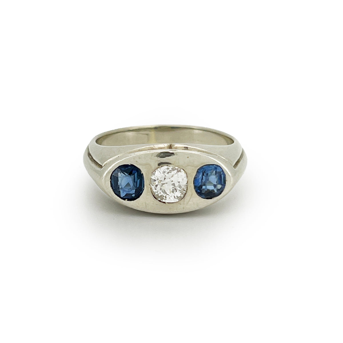 Vintage Art Deco Blue Sapphire + Diamond + 18ct White Gold Ring - Sz. 7.5