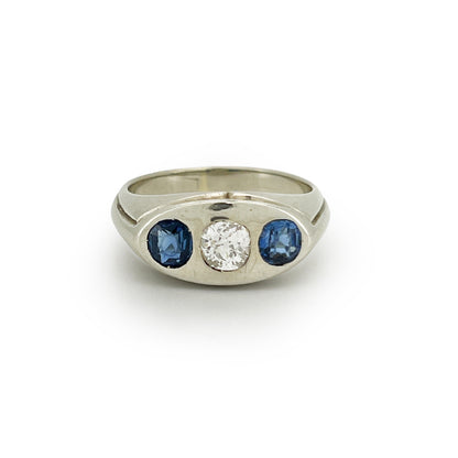 Vintage Art Deco Blue Sapphire + Diamond + 18ct White Gold Ring - Sz. 7.5