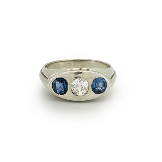 Vintage Art Deco Blue Sapphire + Diamond + 18ct White Gold Ring - Sz. 7.5