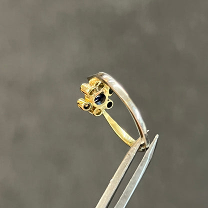 Vintage Art Deco Blue Sapphire + Diamond + 18ct White Gold Daisy Ring - Sz. 4.75