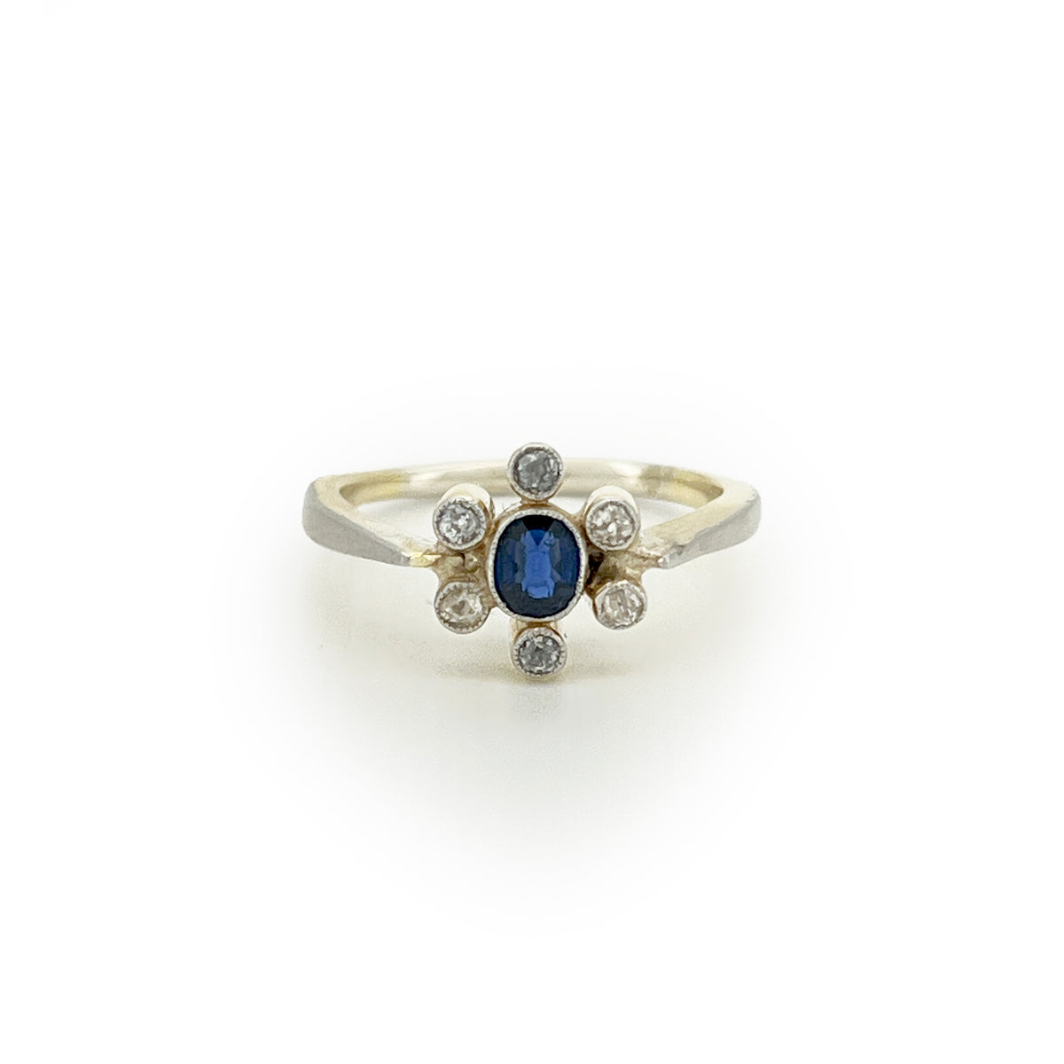 Vintage Art Deco Blue Sapphire + Diamond + 18ct White Gold Daisy Ring - Sz. 4.75