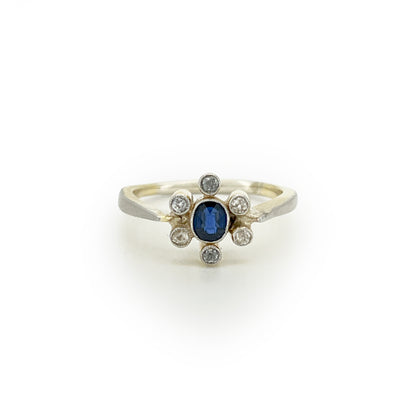 Vintage Art Deco Blue Sapphire + Diamond + 18ct White Gold Daisy Ring - Sz. 4.75