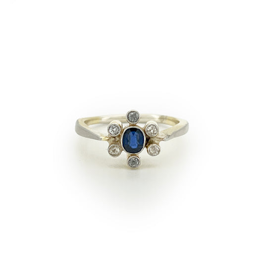 Vintage Art Deco Blue Sapphire + Diamond + 18ct White Gold Daisy Ring - Sz. 4.75
