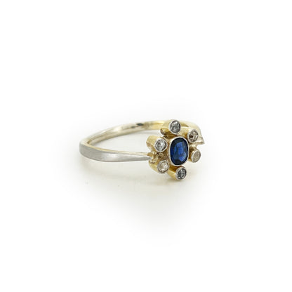 Vintage Art Deco Blue Sapphire + Diamond + 18ct White Gold Daisy Ring - Sz. 4.75