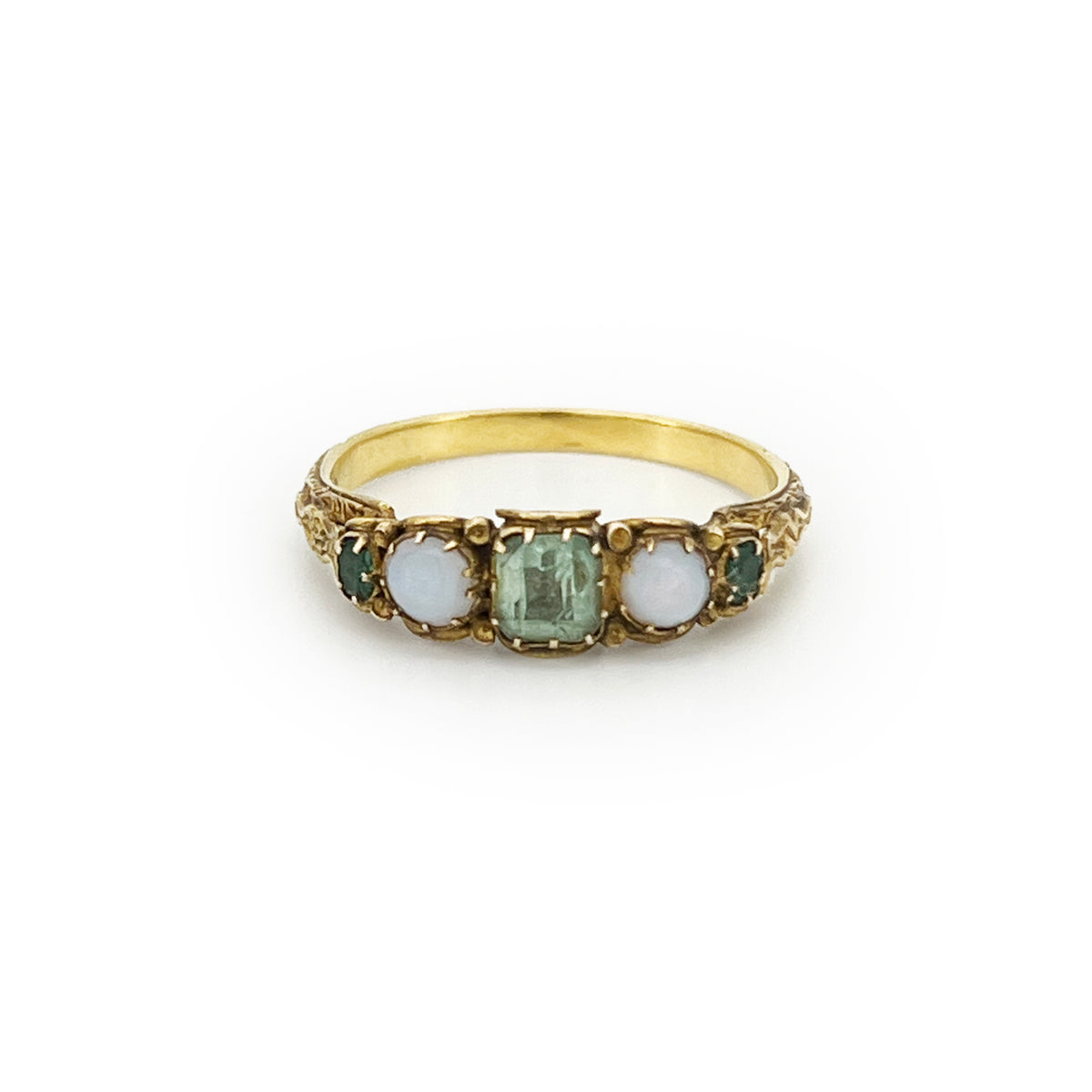 Antique Victorian Green Chrysoprase + Opal + 18ct Yellow Gold Ring - Sz. 6.75