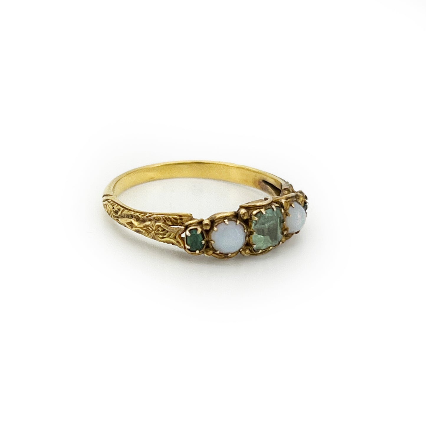 Antique Victorian Green Chrysoprase + Opal + 18ct Yellow Gold Ring - Sz. 6.75