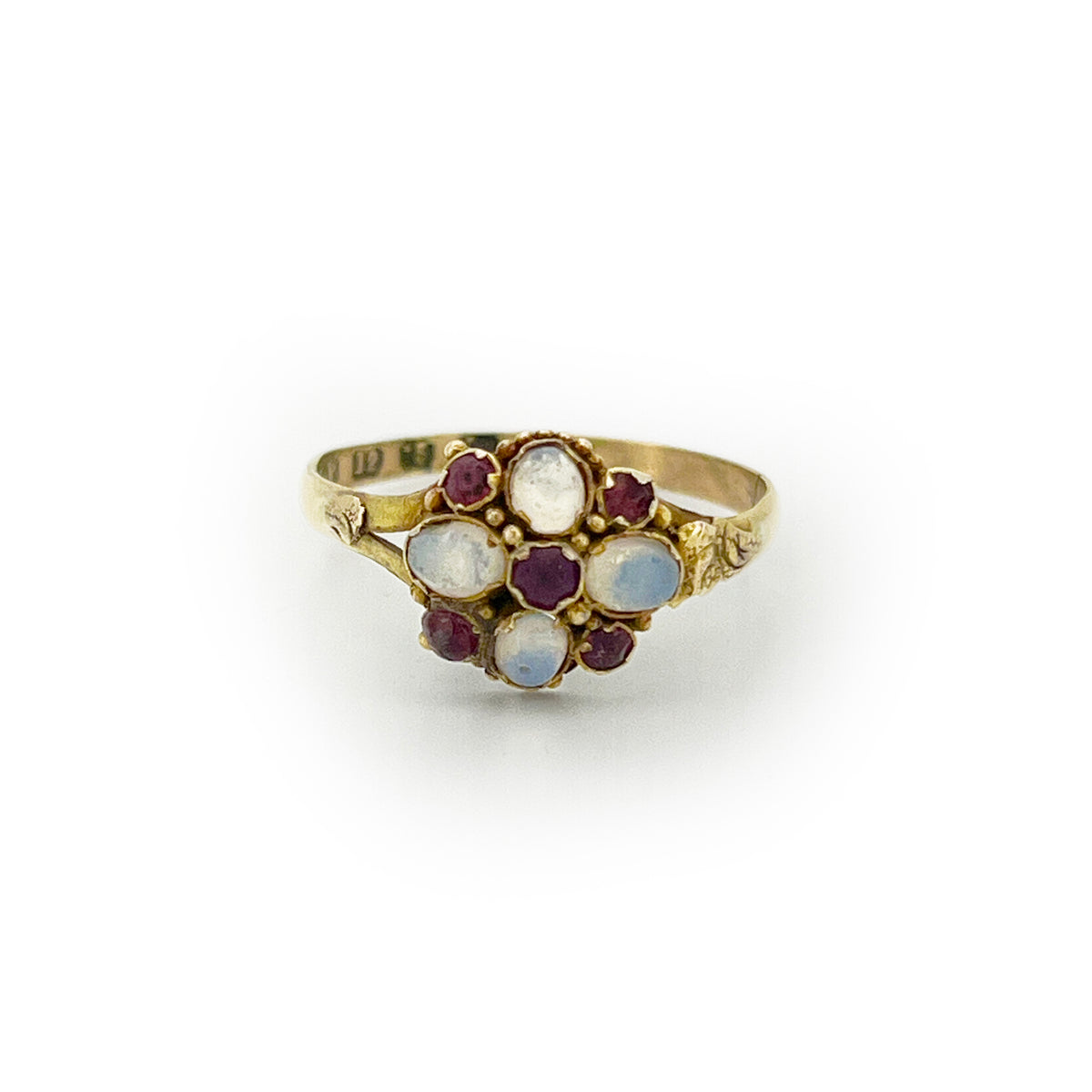 Antique Georgian Moonstone + Ruby + 12ct Yellow Gold Ring - Sz. 6.75