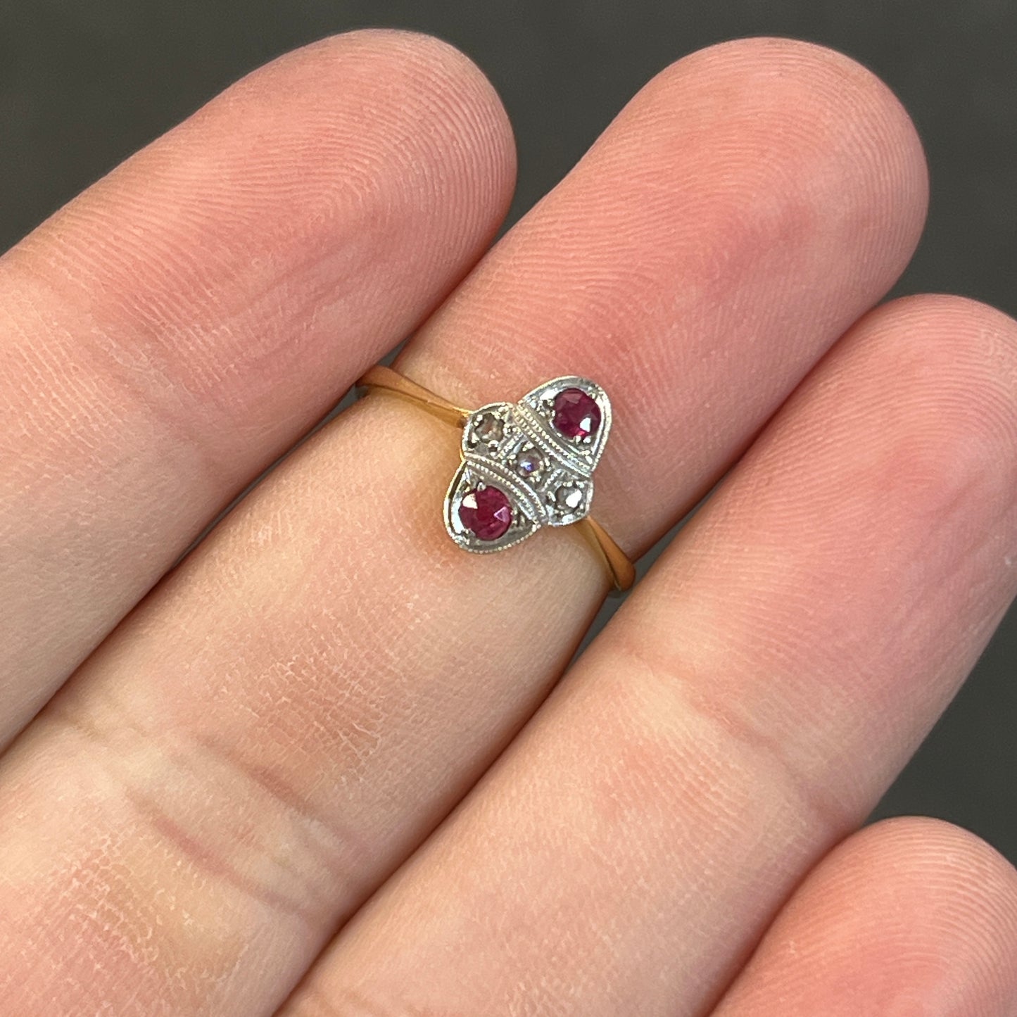 Vintage Art Deco Ruby + Diamond + 18ct Yellow Gold Ring - Sz. 6.5