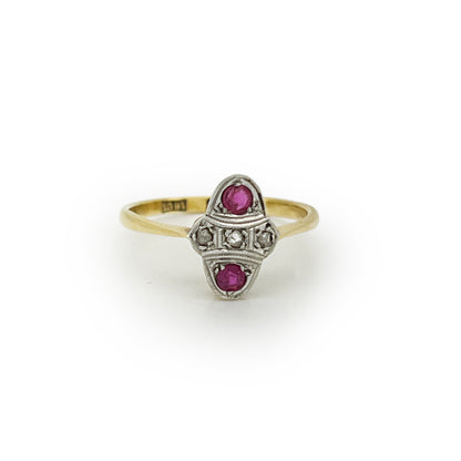 Vintage Art Deco Ruby + Diamond + 18ct Yellow Gold Ring - Sz. 6.5