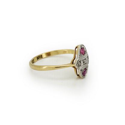 Vintage Art Deco Ruby + Diamond + 18ct Yellow Gold Ring - Sz. 6.5