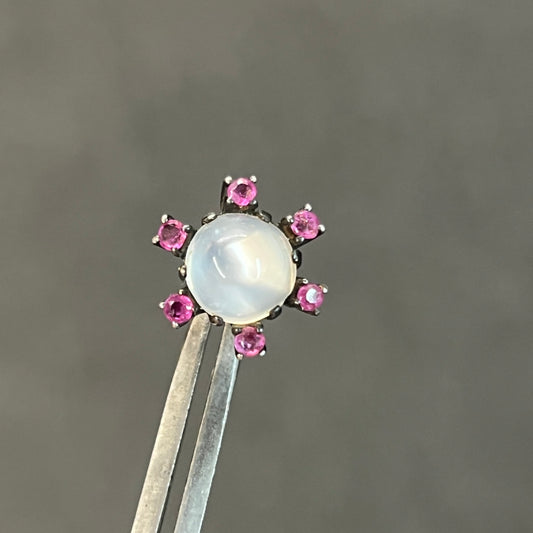 Antique Moonstone + Ruby + Sterling Silver Stud Earrings