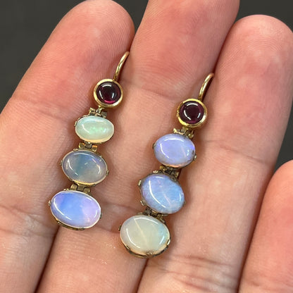 Antique Garnet + Opal + 9ct Yellow Gold Drop Earrings