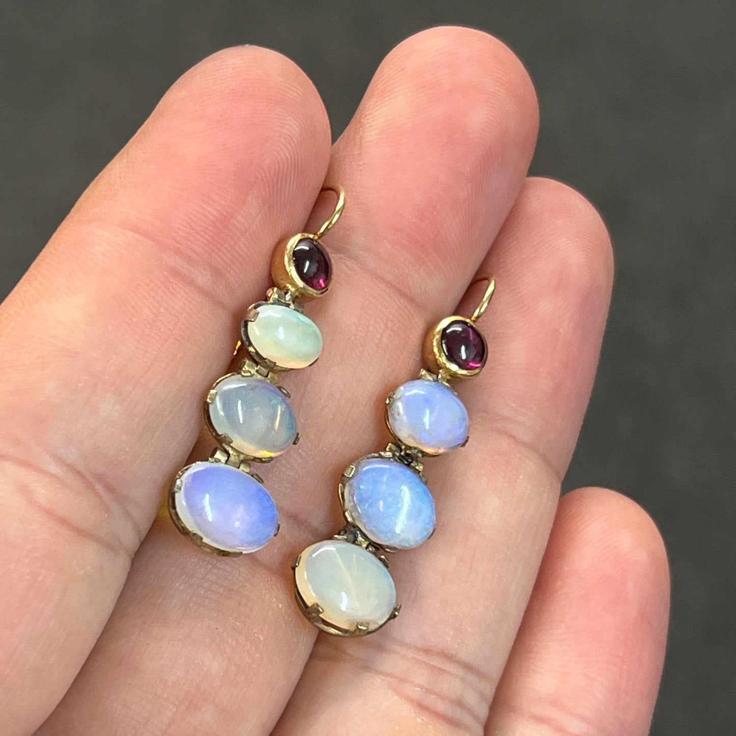 Antique Garnet + Opal + 9ct Yellow Gold Drop Earrings