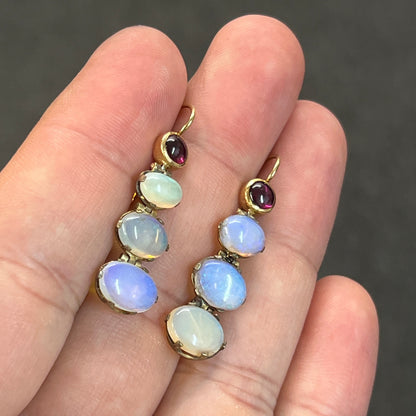Antique Garnet + Opal + 9ct Yellow Gold Drop Earrings