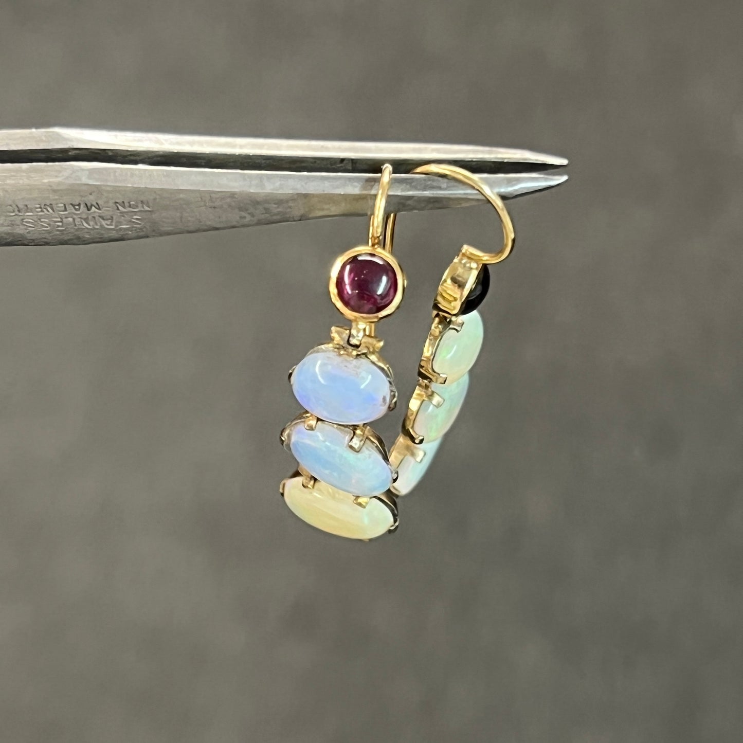 Antique Garnet + Opal + 9ct Yellow Gold Drop Earrings