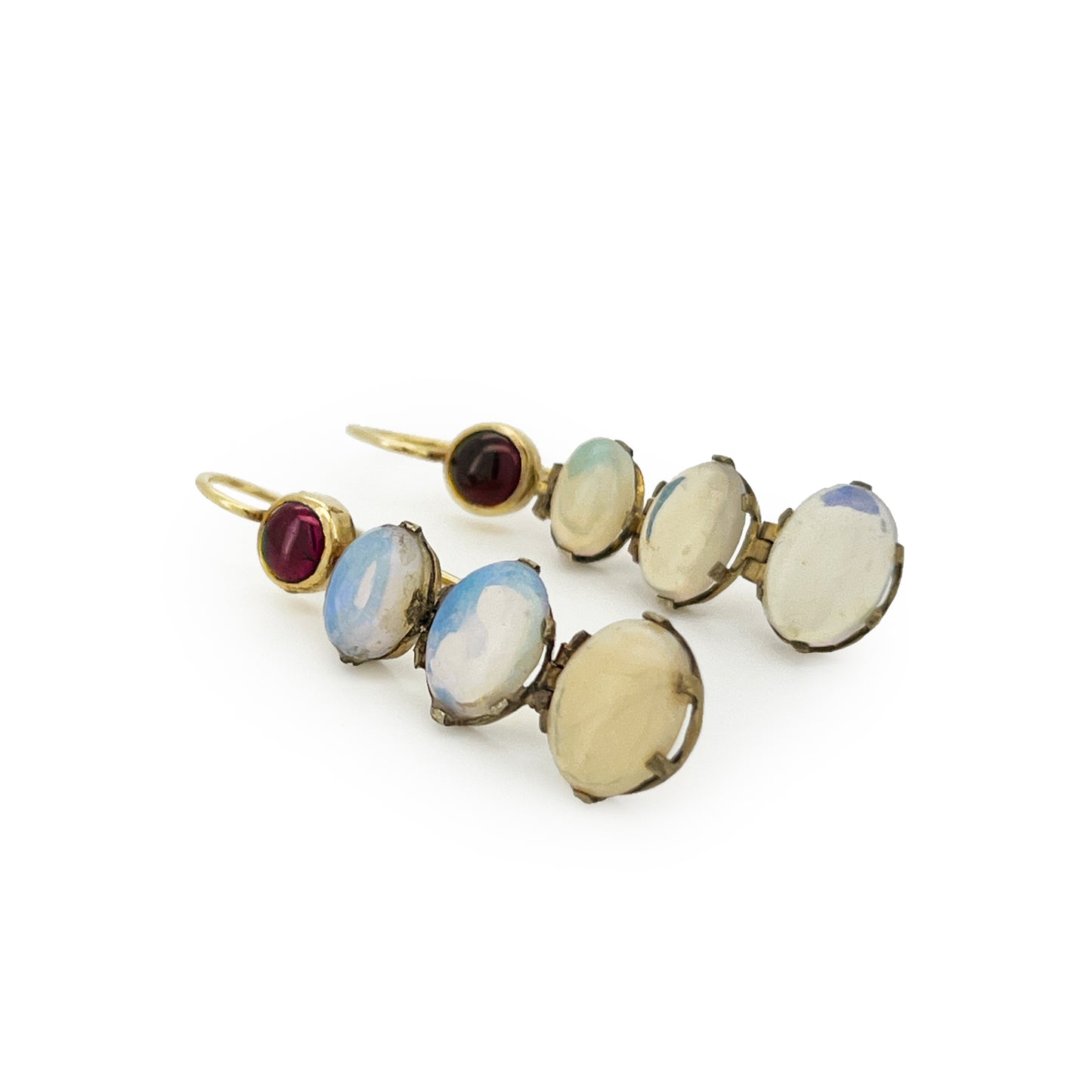 Antique Garnet + Opal + 9ct Yellow Gold Drop Earrings