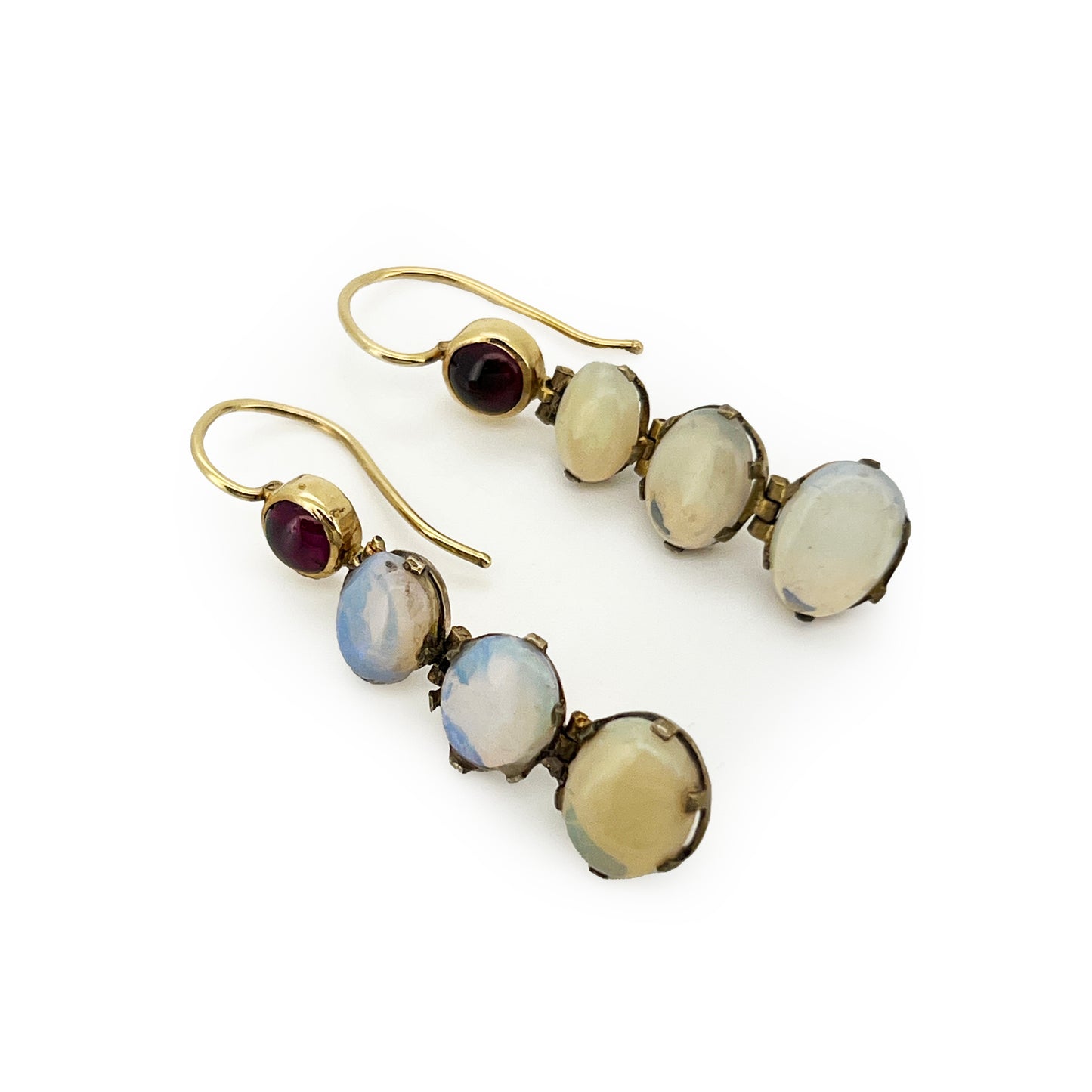 Antique Garnet + Opal + 9ct Yellow Gold Drop Earrings
