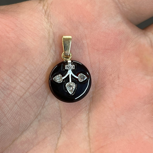 Vintage Art Deco Diamond + Onyx + 18ct. Yellow Gold Pendant