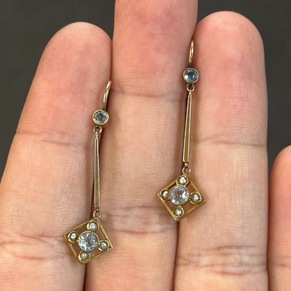 Antique Aquamarine + Pearl + 9ct Yellow Gold Drop Earrings