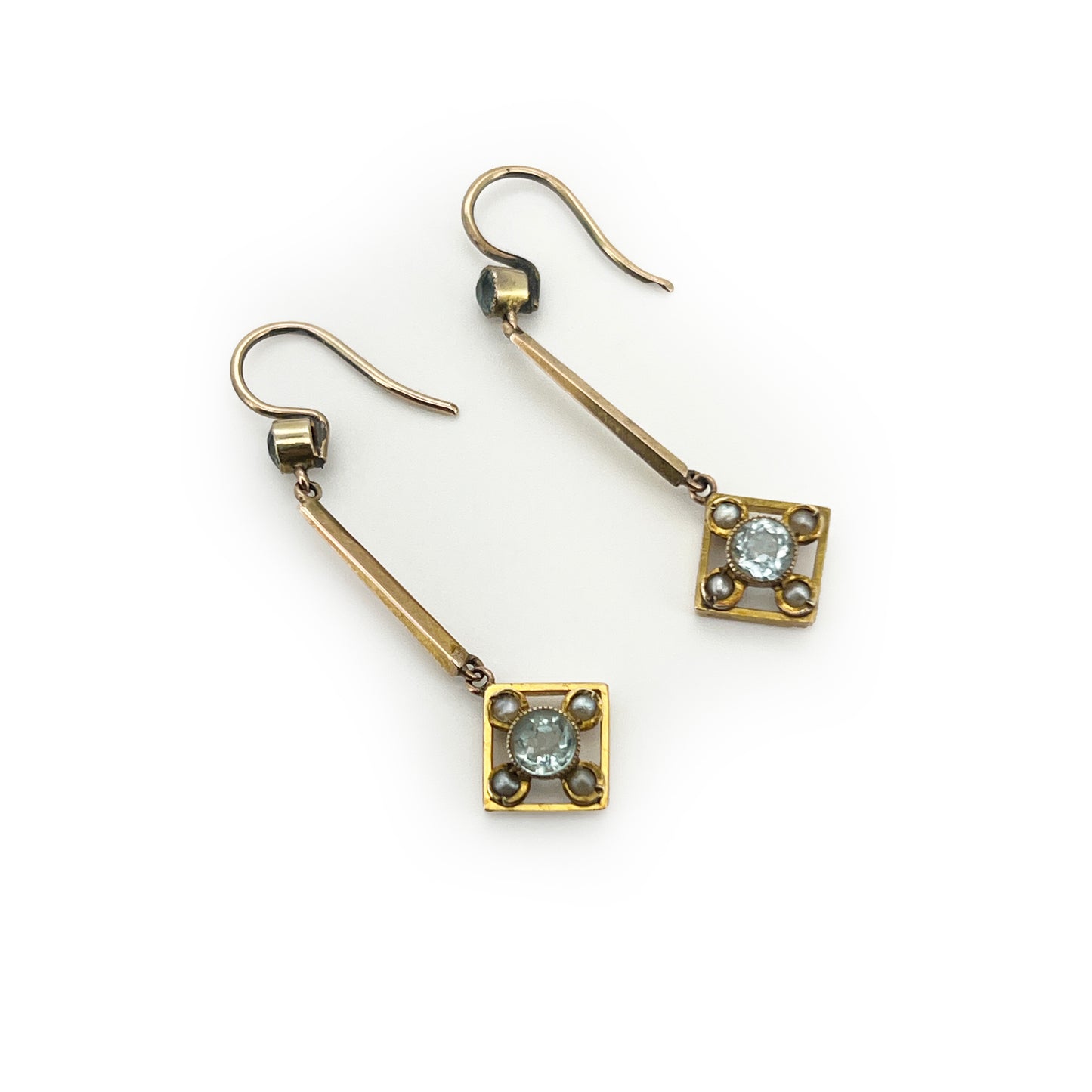 Antique Aquamarine + Pearl + 9ct Yellow Gold Drop Earrings