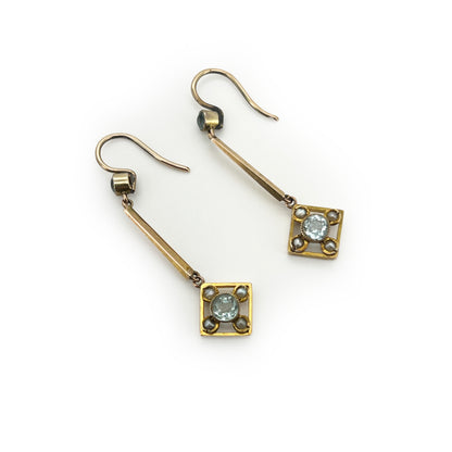Antique Aquamarine + Pearl + 9ct Yellow Gold Drop Earrings