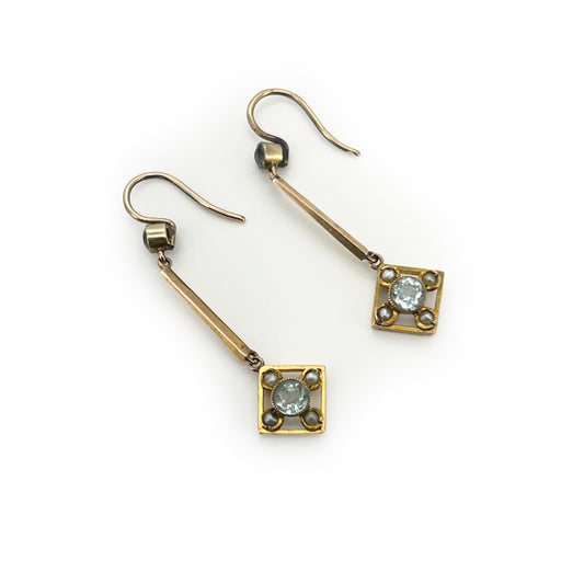 Antique Aquamarine + Pearl + 9ct Yellow Gold Drop Earrings